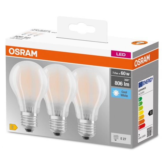 OSRAM LED BASE Classic A60, matte Filament LED-Lampen aus Glas für E27 Sockel, Birnenform, Kaltweiß (4000K), 806 Lumen, Ersatz f