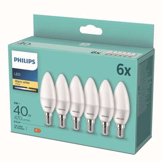 Philips LED Lampe ersetzt 40 W, E14 Kerzenform B35, weiß, warmweiß, 470 Lumen, nicht dimmbar, 6er Pack