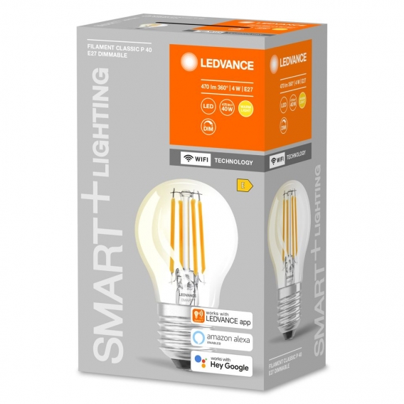 LEDVANCE Smarte LED-Lampe mit Wifi Technologie, Sockel E27, Dimmbar, Warmweiß (2700K), Tropfenform, Klares Filament, Ersatz für 