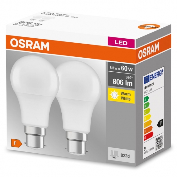 OSRAM LED-Lampe | Sockel: B22d | Warmweiß| 2700 K | 8,50 W matt | LED BASE CLASSIC A