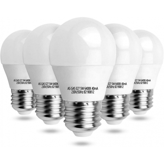 Aigostar Led E27 Kaltweiß 5W Leuchtmittel Birne Lampe 6400K 425 Lumen Abstrahlwinkel 230 Grad Tropfen Glühbirne 5er Verpackung [