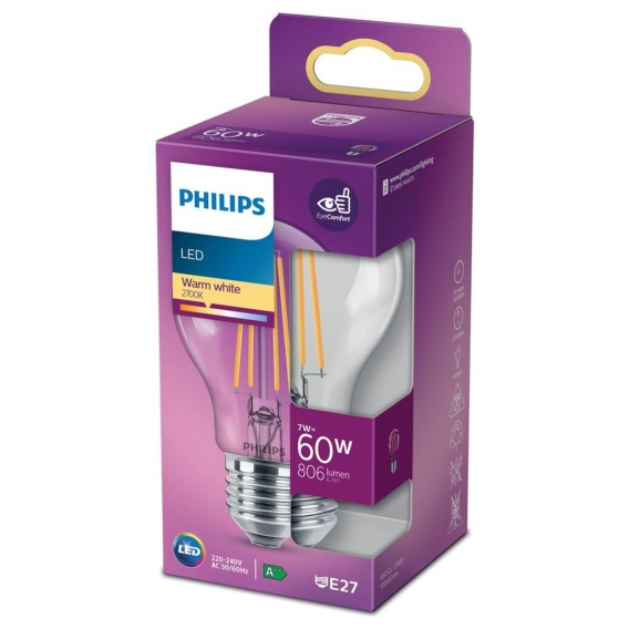 Philips LED Lampe ersetzt 60W, E27 Standardform A60, klar, warmweiß, 806 Lumen, nicht dimmbar, 1er Pack