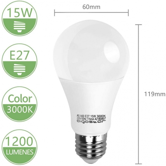 Aigostar Led E27 Warmweiss 15W Leuchtmittel Birne Lampe 3000K 1200 Lumen Abstrahlwinkel 280 Grad A60 Glühbirnen Tropfen 5 Stücke