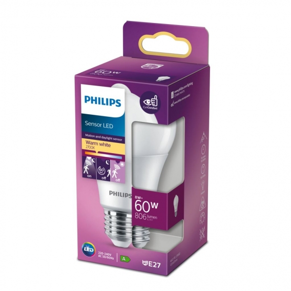 Philips LED Lampe mit Bewegunsmelder ersetzt 60W, E27 Standardform A60, warmweiß, 806 Lumen, nicht dimmbar, 1er Pack