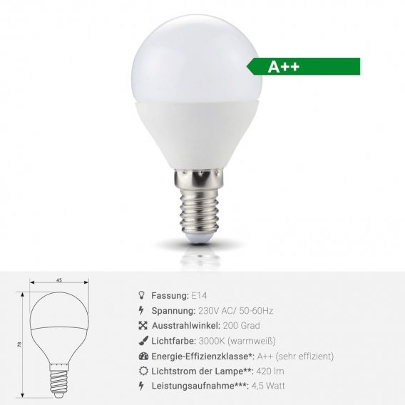 LED Leuchtmittel Licht 4,5W, E14, Kugelform, Warmweiß 10 Stück Set