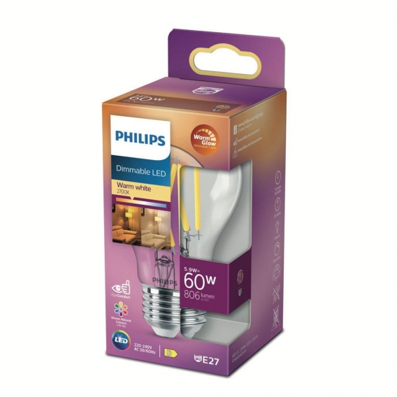 Philips LED Lampe ersetzt 60 W, E27 Standardform A60, klar, warmweiß, 810 Lumen, dimmbar, 1er Pack