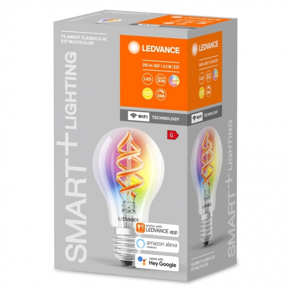 LEDVANCE Smarte LED-Lampe mit Wifi Technologie, Sockel E27, Dimmbar, RGB-Farben & Lichtfarbe änderbar, Classic A form, Klar, ste