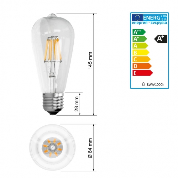 ECD Germany 1er Pack E27 LED Birne Filament 8W - AC 220-240V - 816 Lumen - 120° Abstrahlwinkel - Warmweiß 2800K - ersetzt 45W Gl