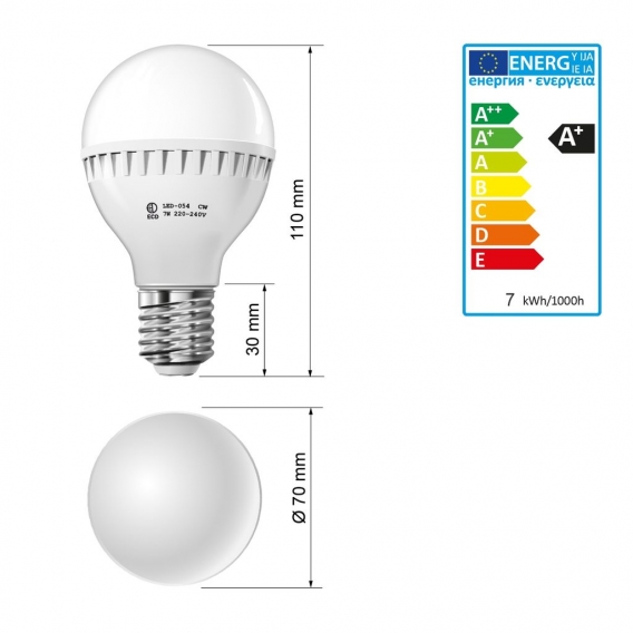 ECD Germany 6er Pack E27 LED Lampe Birne 7W - AC 220-240V - 458 Lumen - 270° Abstrahlwinkel - Kaltweiß 6000K - ersetzt 55W Glühl