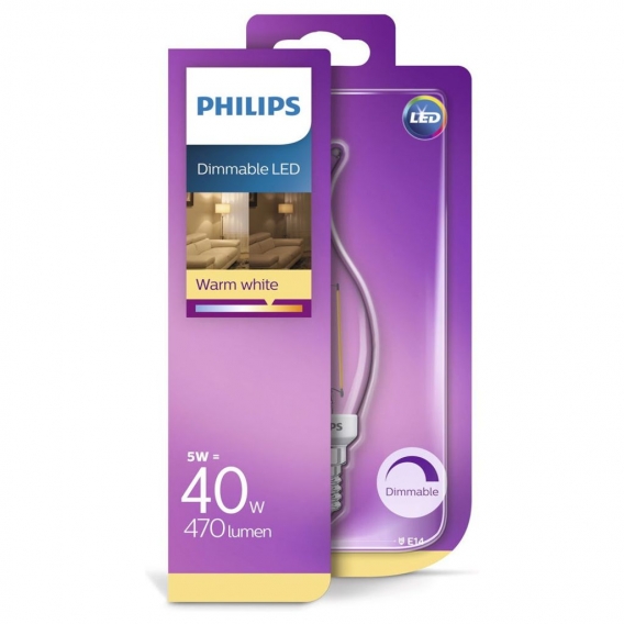 Philips LED Lampe ersetzt 40W, E14 Kerzenform BA35, klar -Filament, warmweiß, 470 Lumen, dimmbar, 1er Pack [Energieklasse A+]