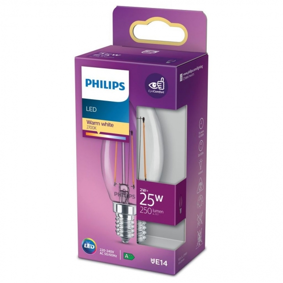 Philips LED Lampe ersetzt 25W, E14 Birne B35, klar, warmweiß, 250 Lumen, nicht dimmbar, 1er Pack