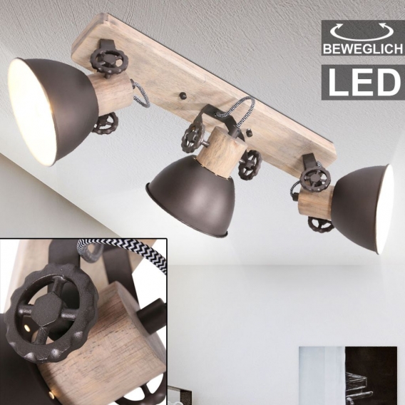 LED Retro Deckenstrahler, Holz, Spots verstellbar, GEARWOOD