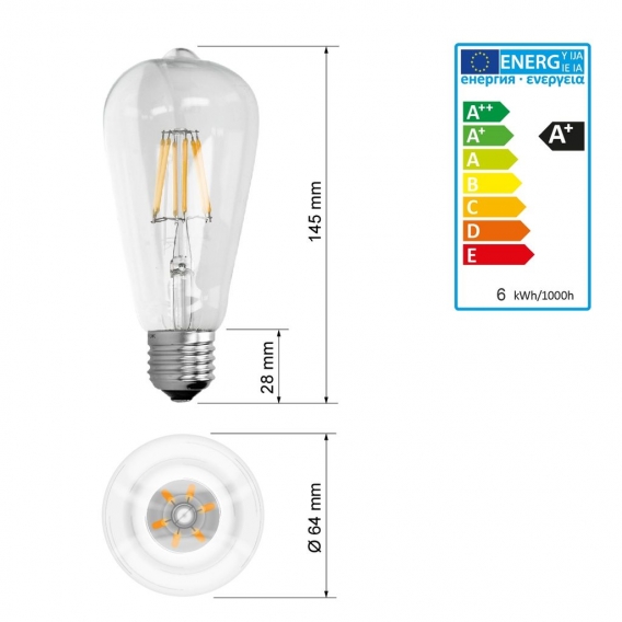 ECD Germany 1er Pack E27 LED Birne Filament 6W - AC 220-240V - 612 Lumen - 120° Abstrahlwinkel - Warmweiß 2800K - ersetzt 40W Gl