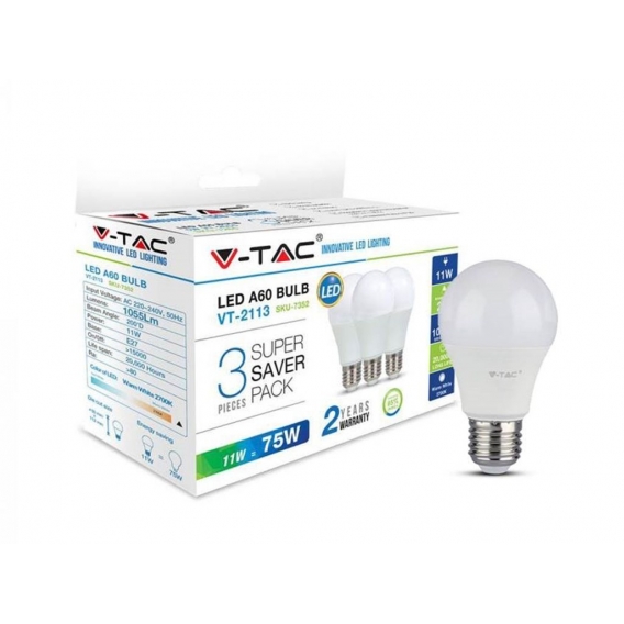 V-TAC LED-Lampe VT-2113(7352), E27, EEK: F, 11 W, 1055 lm, 2700 K, 3 Stück