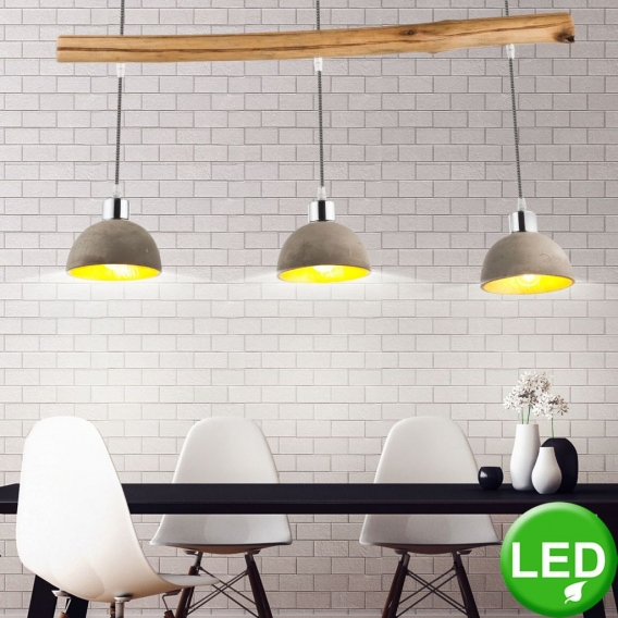 LED Hängelampe, betonfarben, gold, Holz, H 105 cm, JEBEL