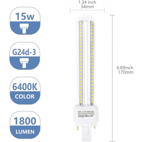 Led Kaltweiß 15W PLC G24 Leuchtmittel Mains Birne Lampe 6400K 1800 Lumen Abstrahlwinkel 360 Grad 2U Glühbirnen 5 Stücke Energies