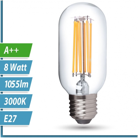 10x E27 LED Leuchtmittel 8W 230V warmweiß 3000K Form T45 Ø45mm Lampen Filament Retro 1055 Lumen 10er Pack