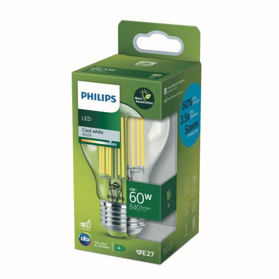 Philips LED Lampe ersetzt 60 W, E27 Standardform A60, klar, neutralweiß, 840 Lumen, nicht dimmbar, 1er Pack