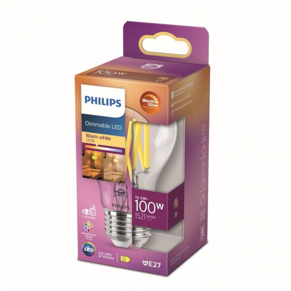 Philips LED Lampe ersetzt 100 W, E27 Standardform A60, klar, warmweiß, 1560 Lumen, dimmbar, 1er Pack