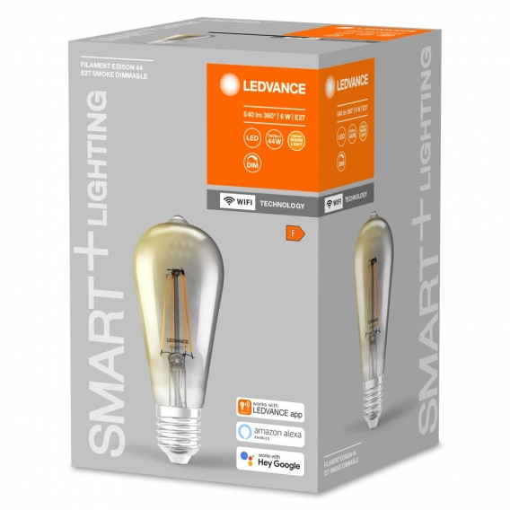 LEDVANCE Smarte LED-Lampe mit Wifi Technologie, Sockel E27, Dimmbar, Warmweiß (2500K), Edisonform, Klares Filament im Rauchglas,