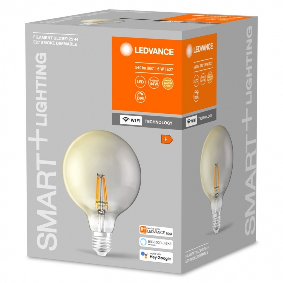 LEDVANCE Smarte LED-Lampe mit Wifi Technologie, Sockel E27, Dimmbar, Warmweiß (2500K), Globeform, Klares Filament im Rauchglas, 