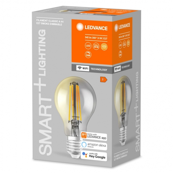 LEDVANCE Smarte LED-Lampe mit Wifi Technologie, Sockel E27, Dimmbar, Warmweiß (2500K), Birnenform, Klares Filament im Rauchglas,