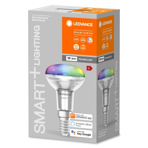 LEDVANCE Smarte LED R50 Spotlampe mit Wifi Technologie, Sockel E14, RGB-Farben & Lichtfarbe änderbar, Reflektorlampe als Ersatz 