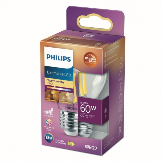 Philips LED Lampe ersetzt 60W, E27 Tropfenform P45, klar, warmweiß, 810 Lumen, dimmbar, 1er Pack