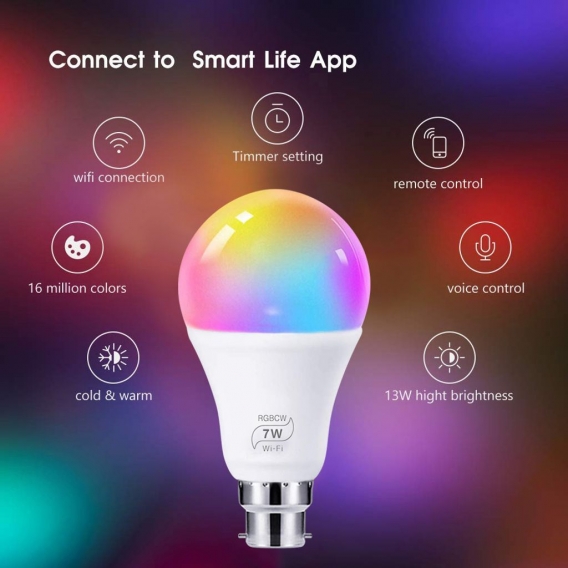 7W B22 Smart WLAN LED Glühbirne Dimmbar RGB Lampe Intelligente Birne Kompatibel mit Alexa und Google Home