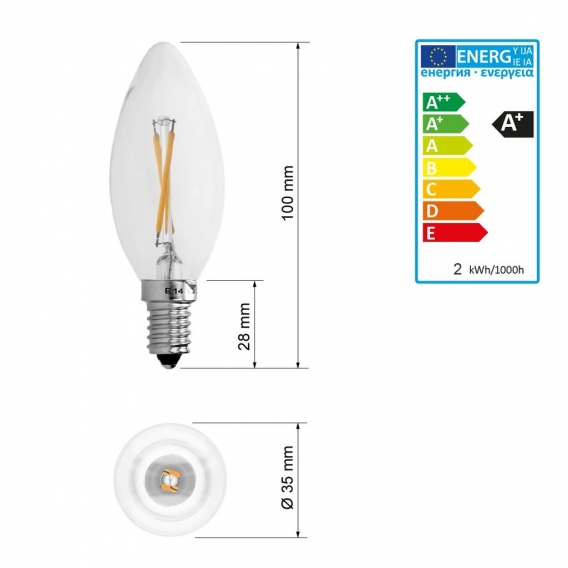 ECD Germany 1er Pack LED Kerze Filament E14 2W - Warmweiß 2800K - 204 Lumen - 120° Abstrahlwinkel - AC 220-240V - erstezt 15W Gl