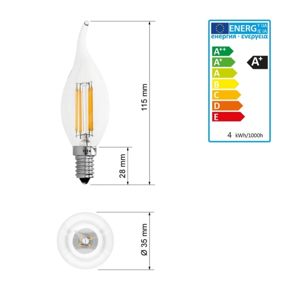 ECD Germany 1er Pack E14 LED Windstoß Kerze Filament 4W - AC 220-240V - 414 Lumen - 120° Abstrahlwinkel - Warmweiß 2800K - erset