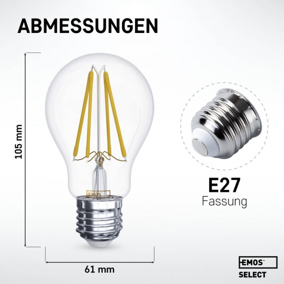 EMOS LED-Glühbirnen 7W Filament E27 - warmweiß - Vintage-Design-Birne mit 25.000 h Lebensdauer - 2700K, 806 lm, 230V, hoher Farb