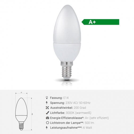 LED Leuchtmittel Licht 6W, E14, Kerzenform, Warmweiß 10 Stück Set