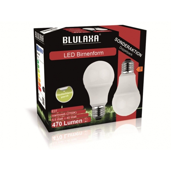 BLULAXA LED-SMD-Lampe, A60, E27, EEK: F, 5,5 W, 470 lm, 2700 K, 2 Stk