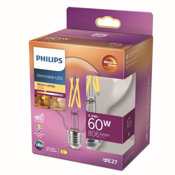 Philips LED Lampe ersetzt 60 W, E27 Globe G93, klar, warmweiß, 810 Lumen, dimmbar, 1er Pack