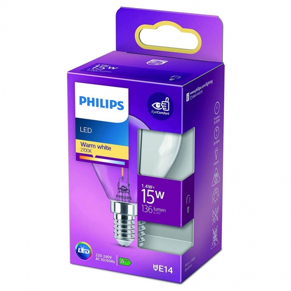 Philips LED Lampe ersetzt 15W, E14 Tropfen P45, klar, warmweiß, 136 Lumen, nicht dimmbar, 1er Pack