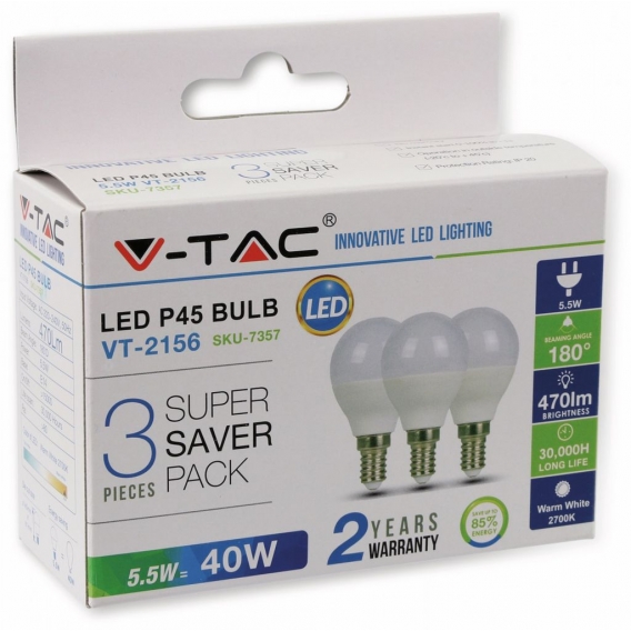 V-TAC lED-Lampe VT-2117 P45 E14 5,5W 4000K 470lm weiß 3 Stück