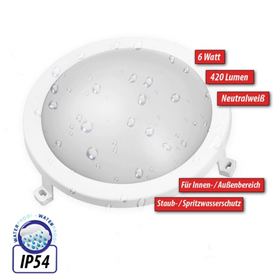 LED 6W Lampe Rund IP54 Kellerleuchte Ø172mm Neutralweiß 420 Lumen Deckenleuchte Feuchtraumleuchte Weiß