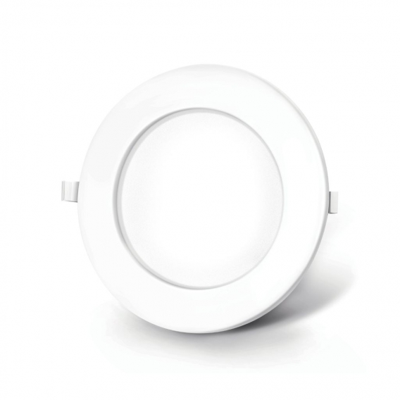 Schlankes eingebautes rundes LED-Decken-Downlight, 18 Watt, warmes Licht (3000K) und 205 mm Durchmesser.