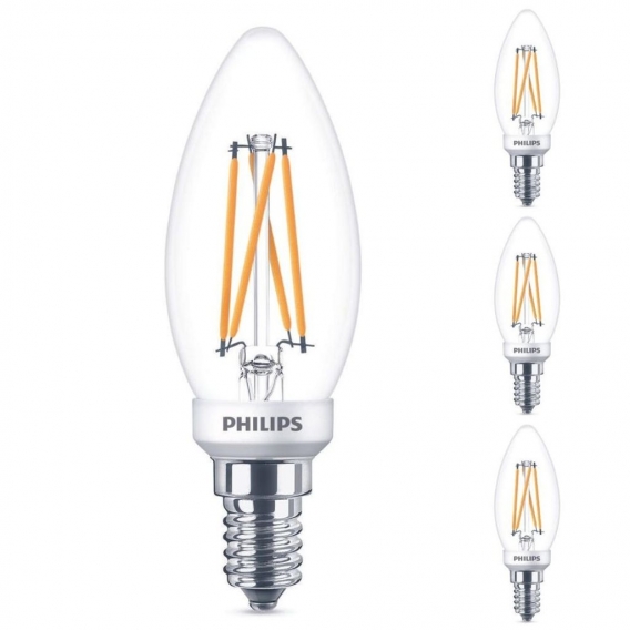 Philips LED Lampe ersetzt 40 W, E14 Kerzenform B35, klar, warmweiß, 475 Lumen, dimmbar, 4er Pack