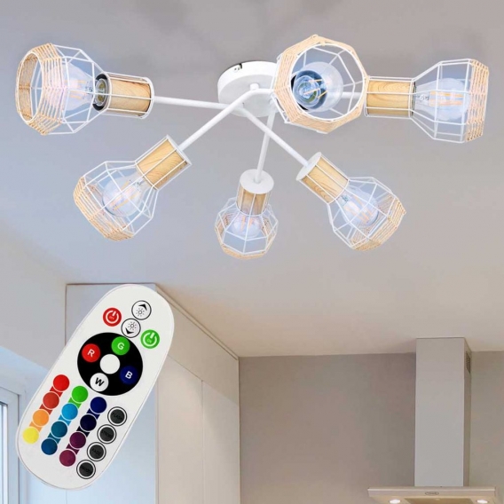 RGB LED Deckenleuchte, Metall, weiß, Holz, Bast-Schirm, natur