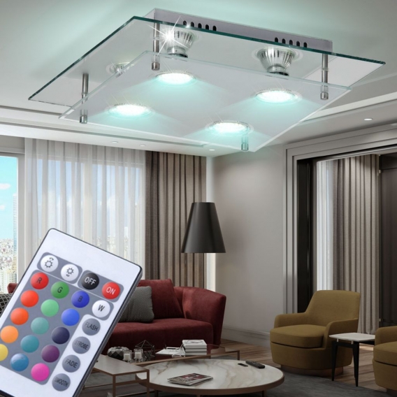 RGB LED Deckenlampe aus Chrom und Glas mit 4 Strahlern ARENA