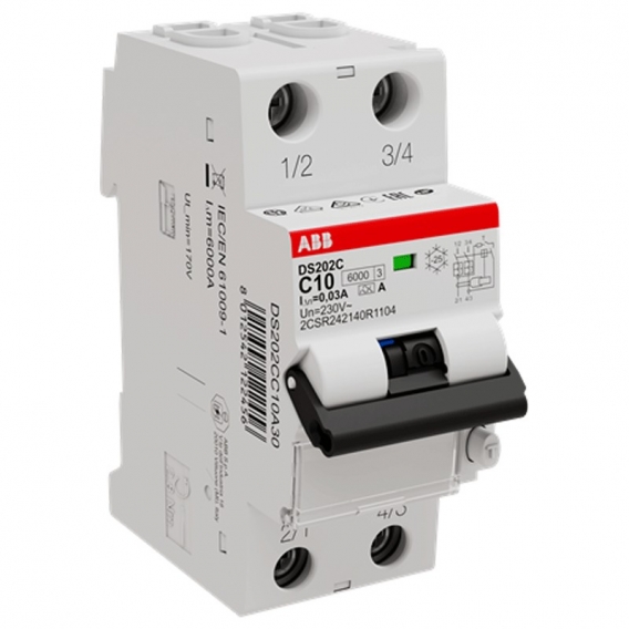 Fehlerstrom-Schutzschalter ABB 10A 30MA Typ A 6KA 2-polig DS2CC10A30