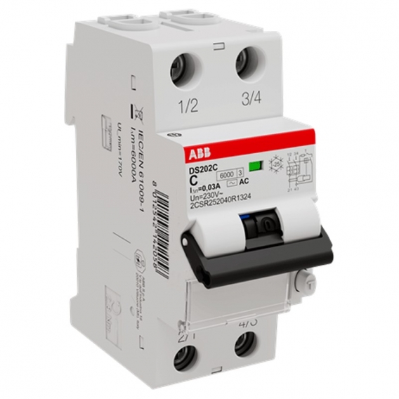 ABB Differenzialschutzschalter 2-polig 6A 30mA AC Typ 6kA 2 Module DS2CC6AC30