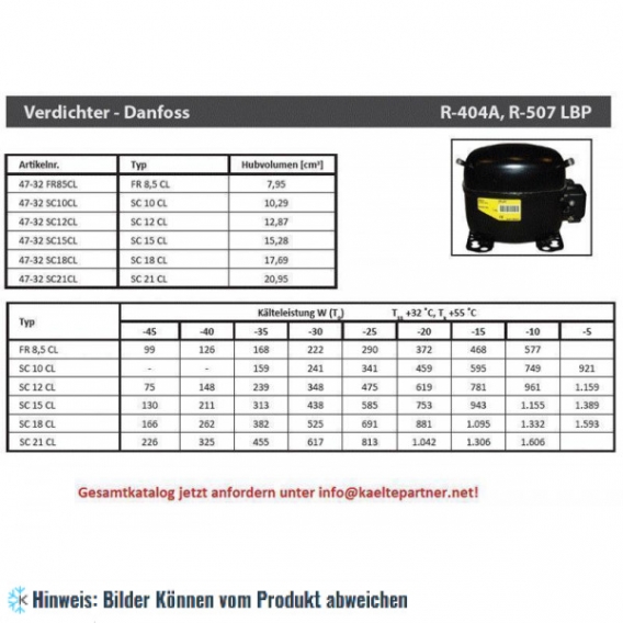 Kompressor DANFOSS TLES8KK.2,HBP/LBP R600a, 220-240V, 89W(-25°C)＝TLY8