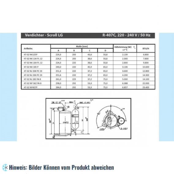 Rotationskompressor LG NK185P, R407C, 220-240V/50 Hz, 10 600 Btu/h - nicht lieferbar, ersetzt durch Nachfolger