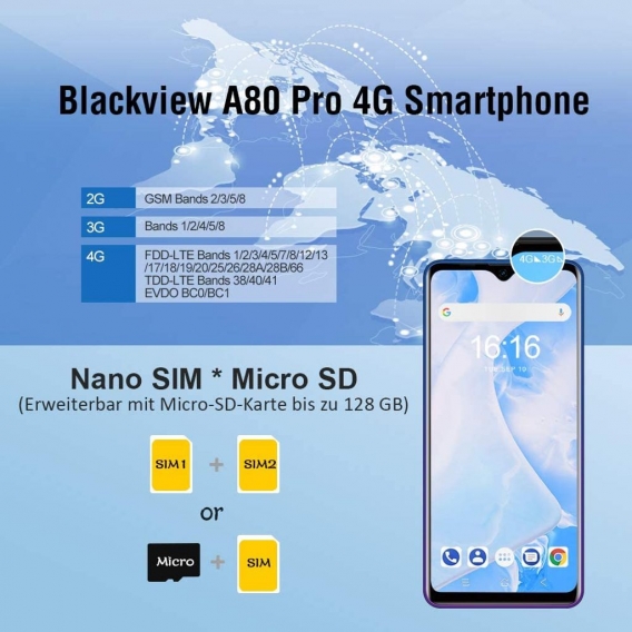 Blackview A80 Pro Smartphone ohne Vertrag, 4G LTE 6,49 Zoll Smartphone, 4GB RAM+64GB ROM, 4680mAh Akku, 13MP+8MP Kamera, Dual SI