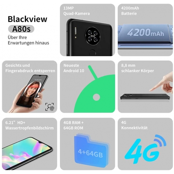 Blackview A80S Handys Weihnachtsgeschenk, 4GB RAM + 64GB ROM, 6,21 Zoll HD+ Waterdrop Display,  Android 10  256GB erweiterbar Du