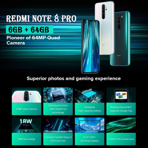 Xiaomi Redmi Note 8 Pro Handy Global Version 6,53 Zoll 64MP Quad Rückfahrkamera 6GB 64GB NFC 4500mAh Helio G90T Octa Core 4G Sma