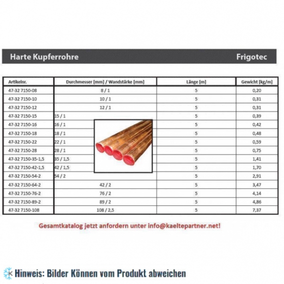 Kupferrohr hart CU 15 x 1 mm  1 m 0.39 kg/m, EN 12735-1